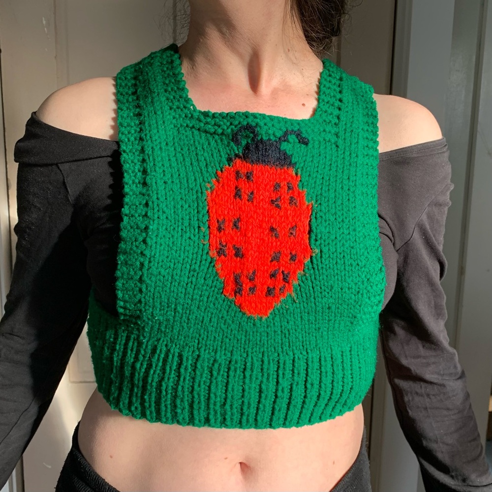 vintage 70s / 80s handknit folk art ladybug square-neck cropped vest